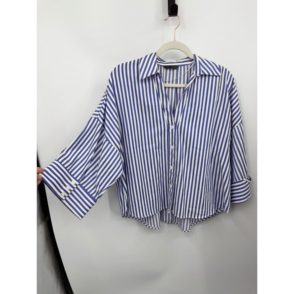 Zara Striped Button Down Shirt Womens L Blue White Gold Metallic Oversized